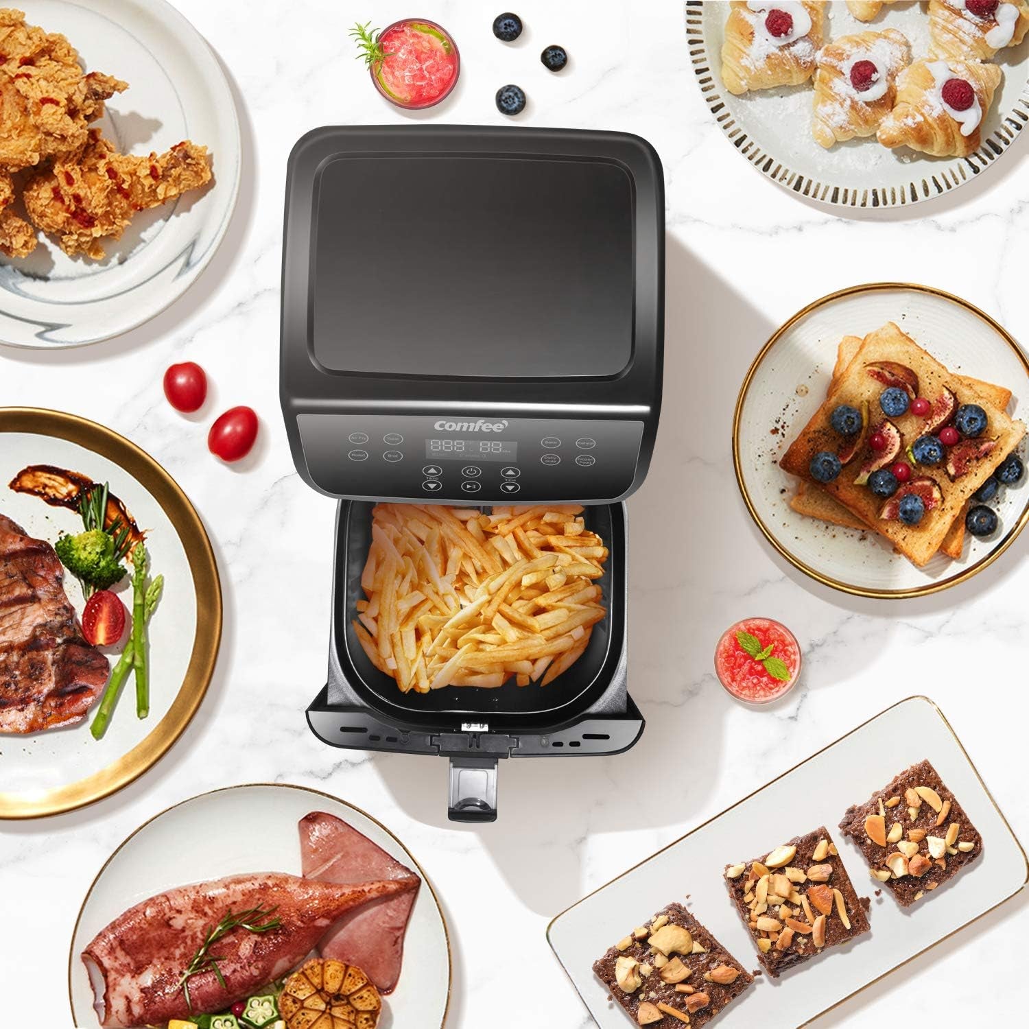 COMFEE' 5.8Qt Digital Air Fryer, Toaster Oven & Oilless Cooker, 1700W with 8 Preset Functions, LED Touchscreen, Shake Reminder, Non-Stick Detachable Basket, BPA & PFOA Free (110 Electronic Recipes)