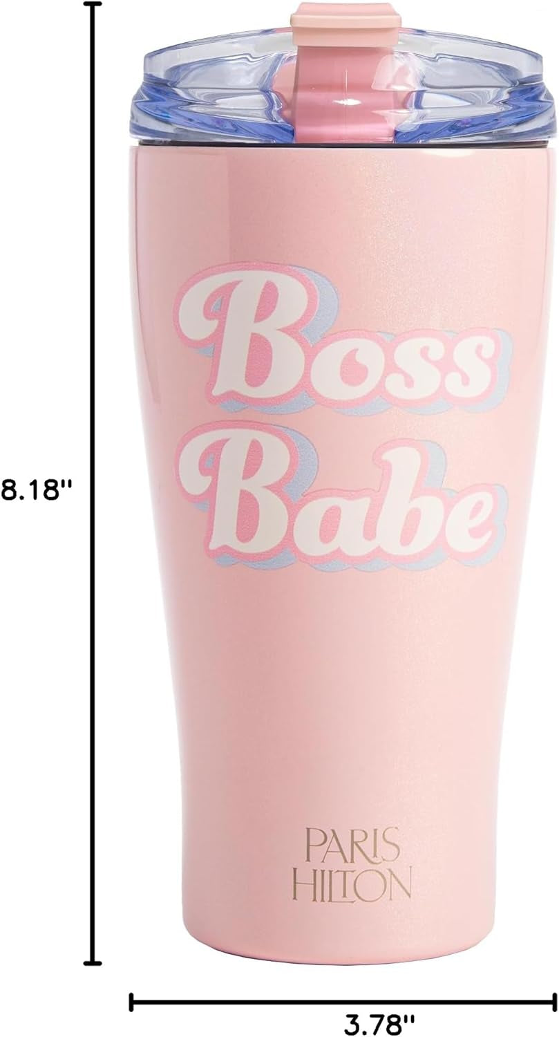 Paris Hilton Boss Babe Tumbler, Insulated Water Bottle with Leak-Proof, Flip-Top Lid, Stainless Steel Travel Cup Keeps Drinks Cold-24 Hours, Hot-8 Hours, 20-Ounce, Pink Iridescent