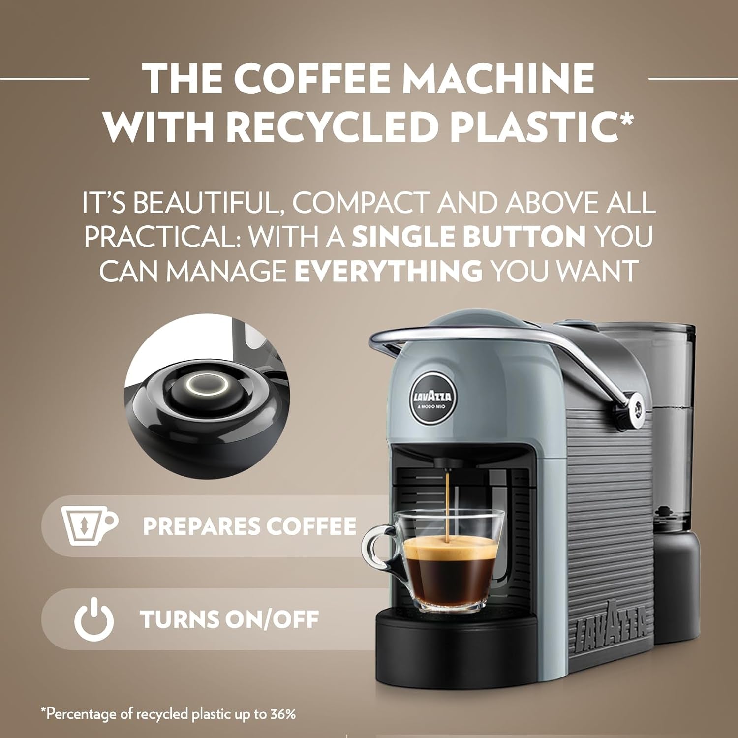 , a Modo Mio Jolie EVO, Coffee Capsule Machine, Made from 36% Recycled Plastic, Compatible with a Modo Mio Pods, with Removable Cup Rest, Automatic Shut-Off, 1250 W, 220–240 V, 50–60 Hz, Grey