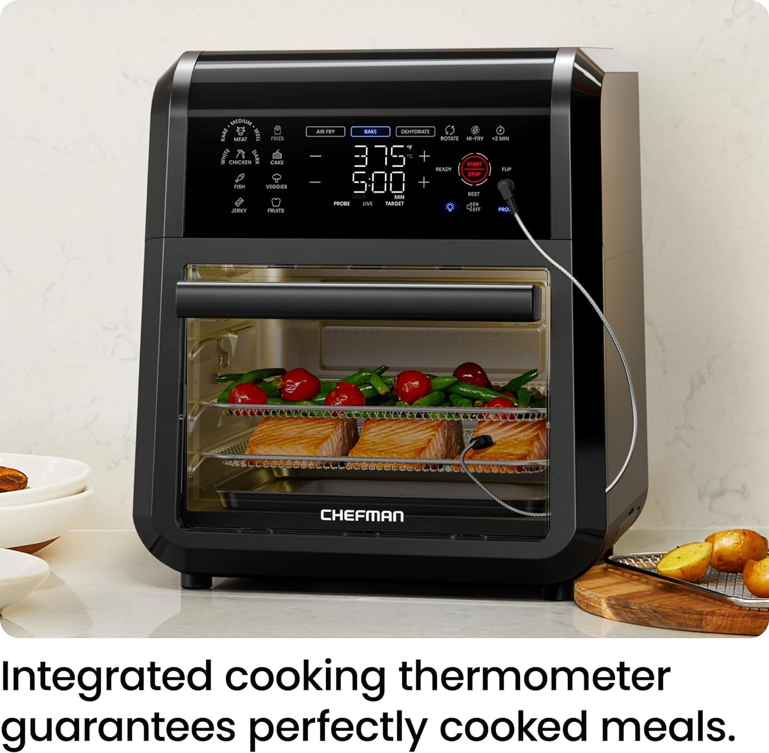 CHEFMAN Exactemp™ 12 Quart 5-In-1 Air Fryer with Integrated Smart Cooking Thermometer, 28 Touchscreen Presets, Rotisserie, Dehydrator, Bake, XL Convection Oven with Auto Shutoff, Black