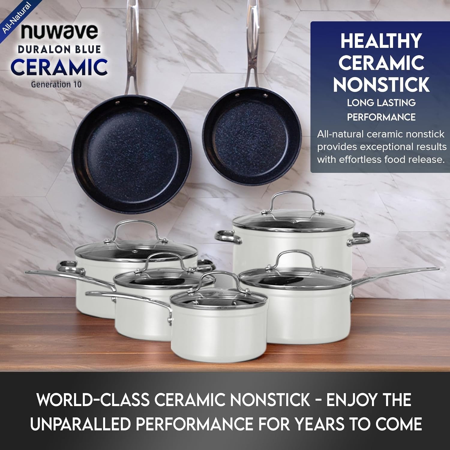 Nuwave Healthy Duralon Blue Ceramic Nonstick Cookware Set, Diamond Infused Scratch-Resistant, PFAS Free, Dishwasher & Oven Safe, Induction Ready & Evenly Heats, Tempered Glass Lids & Stay-Cool Handles