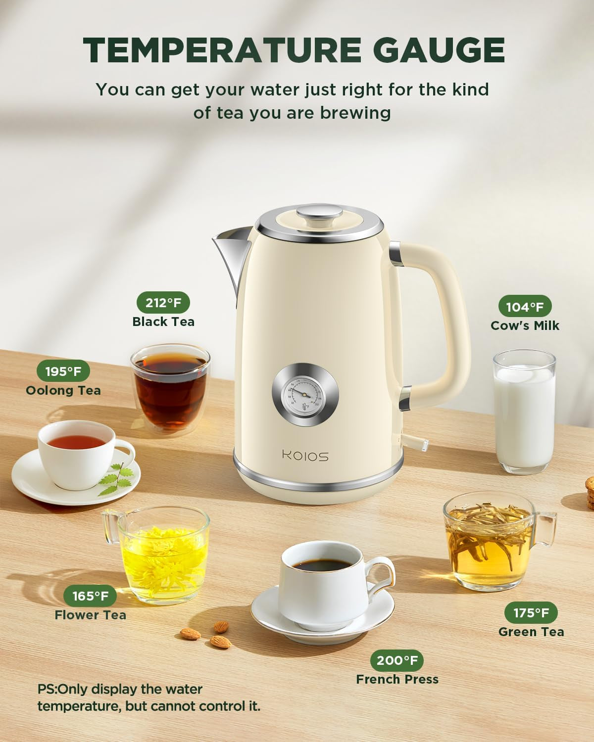 Electric Kettle, 1.8 L Hot Water Boiler Heater with Thermometer, 1500W Retro Electric Tea and Water Kettle with LED Indicator, 100% Stainless Steel, Auto Shut-Off & Boil-Dry Protection, Beige