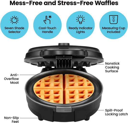 Chefman Anti-Overflow Waffle Maker, Belgian Waffle Iron with Seven Crunch Selector Settings, Mess-Free Moat Catches Excess Batter, Nonstick Electric Single Griddle Mold Makes 6-Inch round Waffles