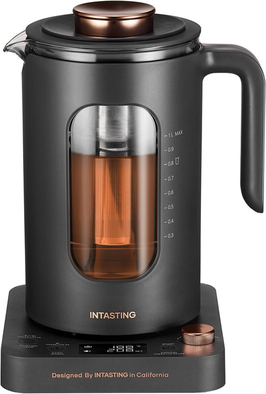 Electric Tea Kettle, INTASTING Glass Electric Kettle with Tea Infuser and Precise Knob Temperature Control, 1200W Fast Heating, Bpa-Free, Easy to Clean, for Tea and Coffee, Dark Grey