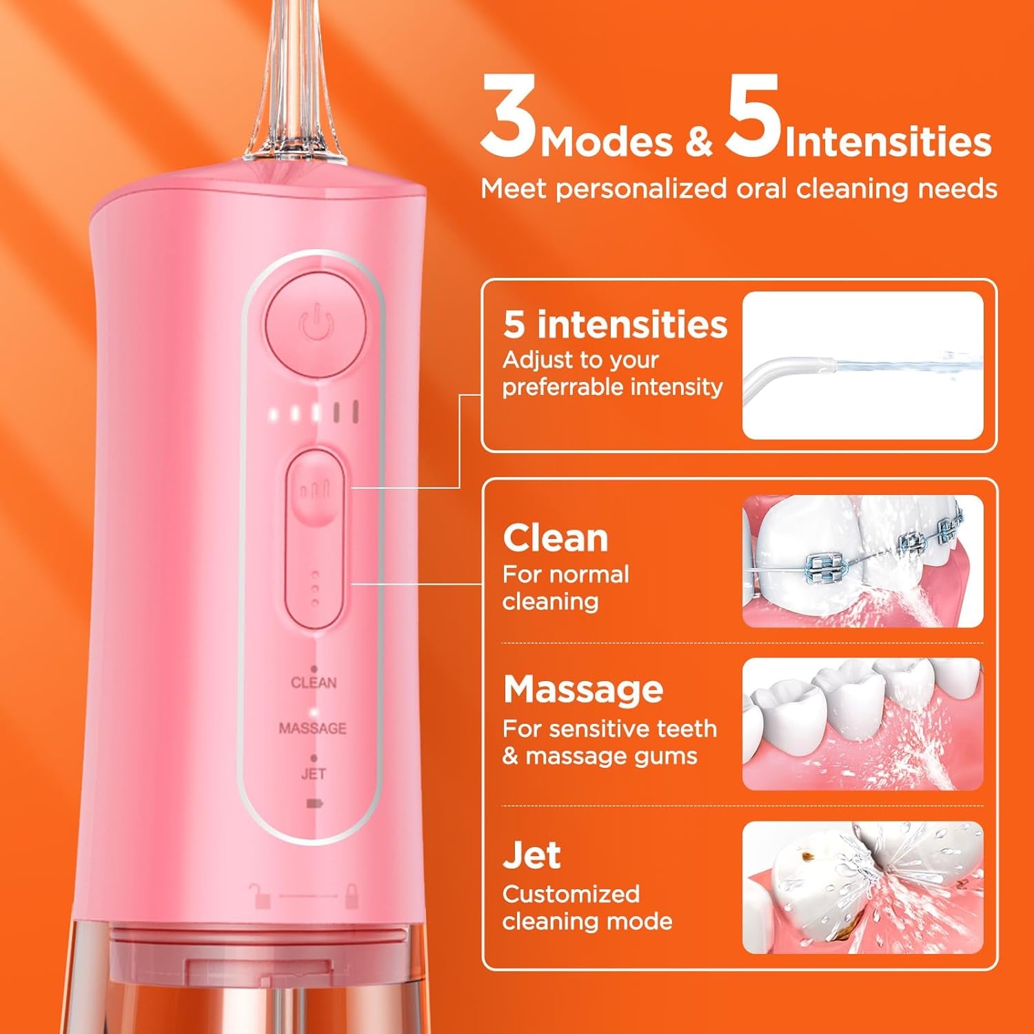 Bitvae Water Dental Flosser for Teeth 3 Modes 5 Intensities Rechargeable Pink