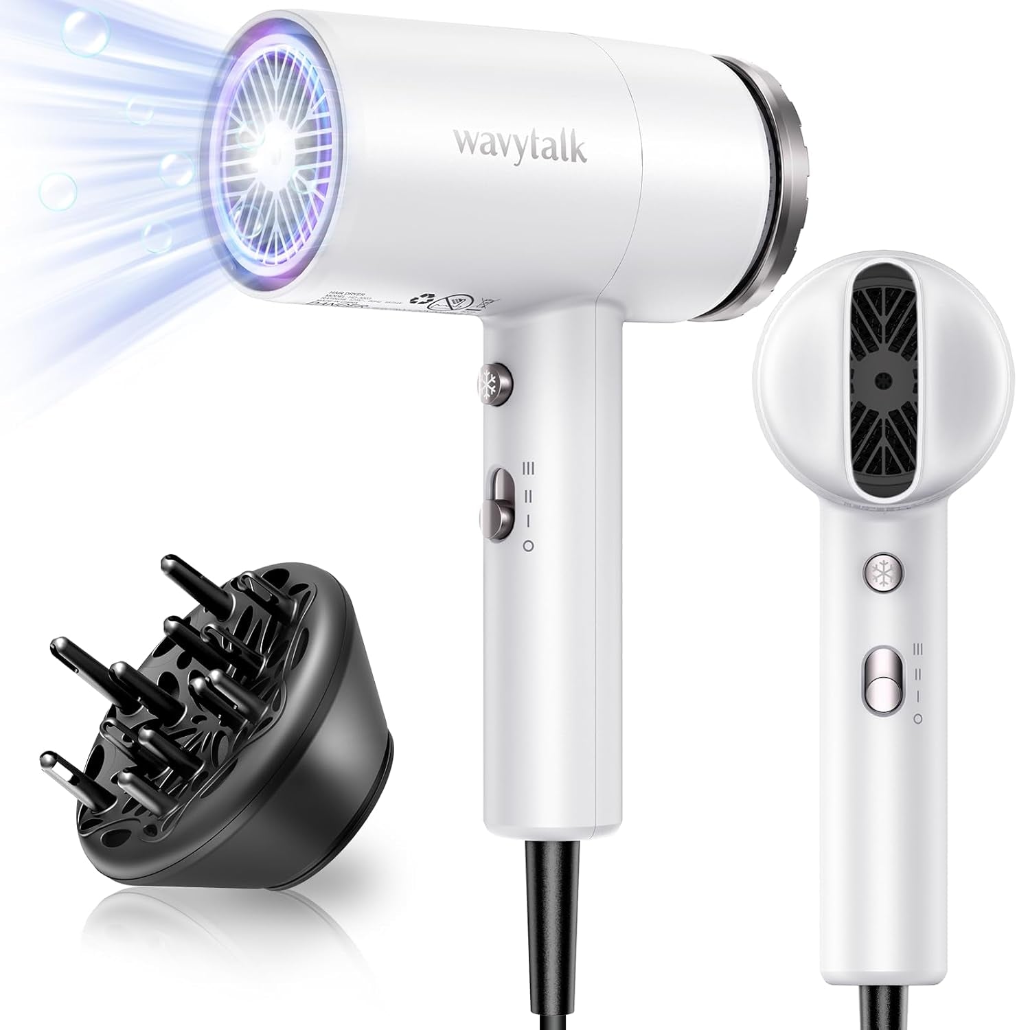 Wavytalk Hair Dryer with Diffuser Fast Drying with Concentrator White