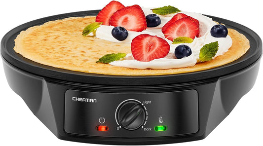 CHEFMAN Electric Crepe Maker: Precise Temp Control, 12" Non-Stick Griddle, Perfect for Crepes, Tortillas, Blintzes, Pancakes, Waffles, Eggs, Bacon, Batter Spreader & Spatula Included, Black