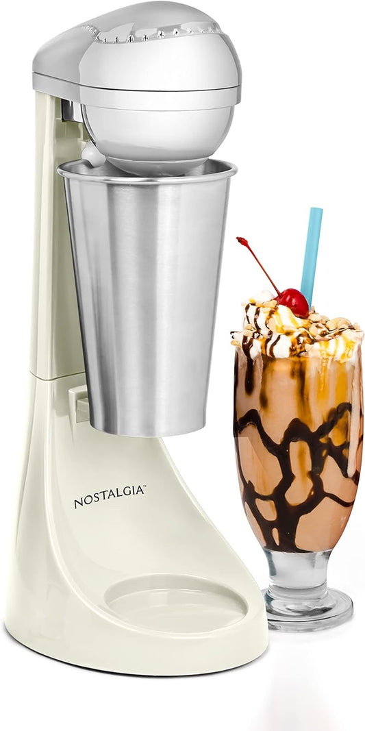 Nostalgia Two-Speed Electric Milkshake Maker and Drink Mixer, Includes 16-Ounce Stainless Steel Mixing Cup and Rod, Cream