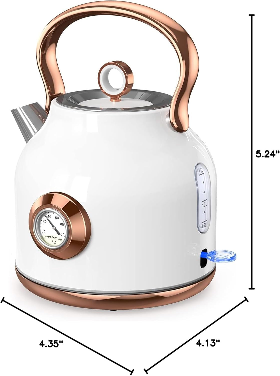 Retro Electric Kettle, 1.7L Stainless Steel Tea Kettle with Large Temperature Gauge, 1500W Fast Heating Hot Water Boiler with LED Indicator, Auto Shut-Off & Boil-Dry Protection-Elegant White