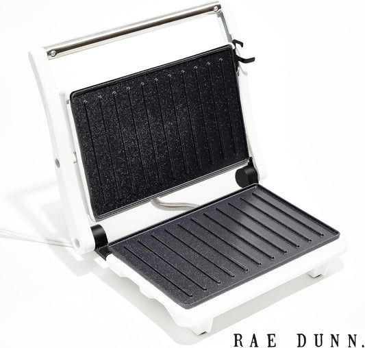 Rae Dunn Press Grill with Indicator Lights Opens 180 Degrees Double Sided Heating Non-Stick Cream