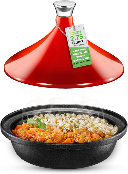 Nutrichef Moroccan Tagine Pot for Cooking - Premium Cast Iron Cooking Pot with Stainless Steel Knob and Red Cone-Shaped Porcelain Enameled Lid - 11.6" Width, 2.75 Qt