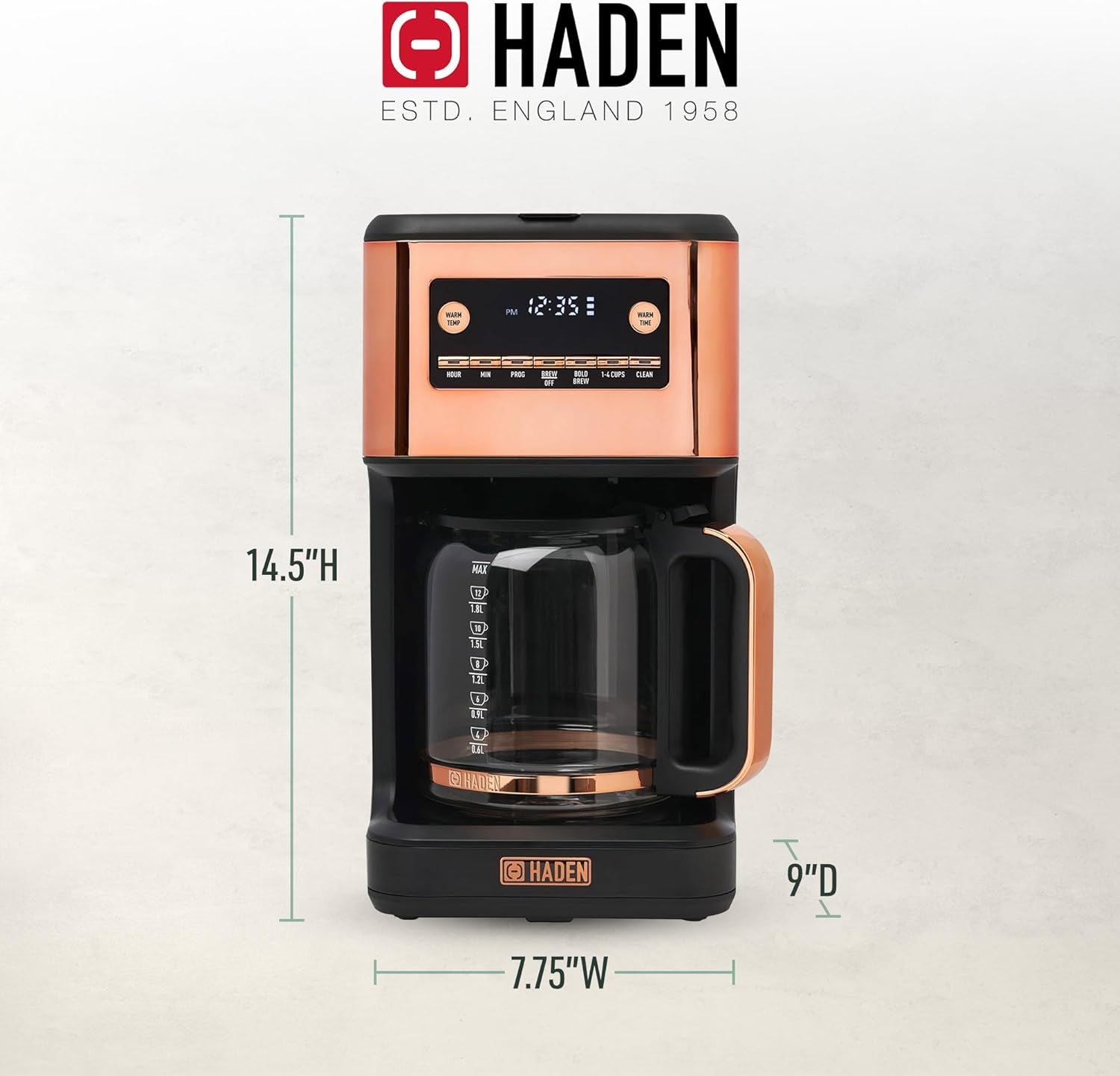 HADEN Generous Brew 14 Cup Coffee Maker with 120 Minute Keep Warm, Delay Brew, Adjustable Strength, Programmable Clock, and anti Drip, Black/Copper