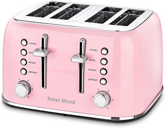 Roter Mond Retro Stainless Steel Toaster 4 Slice Extra Wide 6 Browning Levels Pink