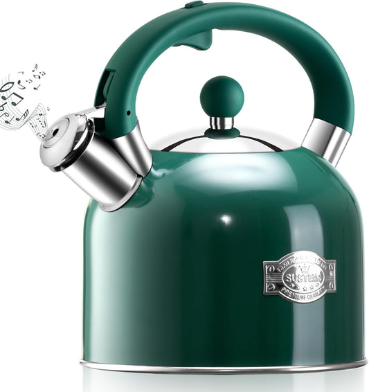 SUSTEAS Tea Kettle - 3.17QT Whistling Kettle with Ergonomic Handle - Premium Stainless Steel Tea Pots for Stove Top, Chic Vintage Teapot with Composite Base, Work for All Stovetops (Green)