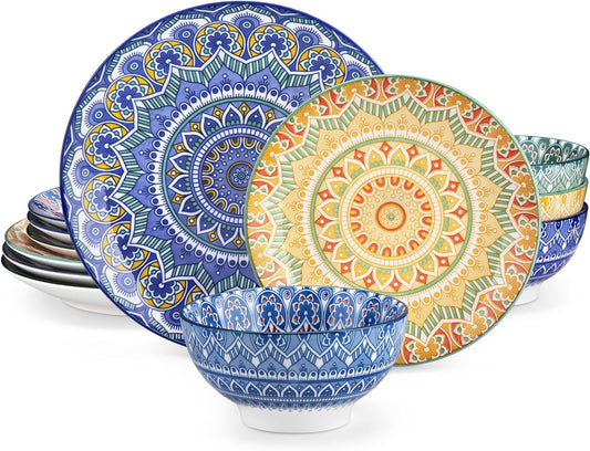 Vancasso Mandala 12 Pieces Dinnerware Sets, Porcelain Dinner Set for 4, Boho Plates and Bowls Set, Colorful Dish Set