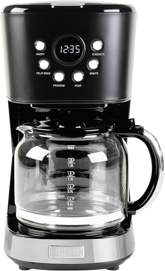 Haden Coffee Machine, 12 Cup Programmable Drip Coffee Maker with Auto Shut-Off Function and Reusable Washable Water Filter, Black & Chrome