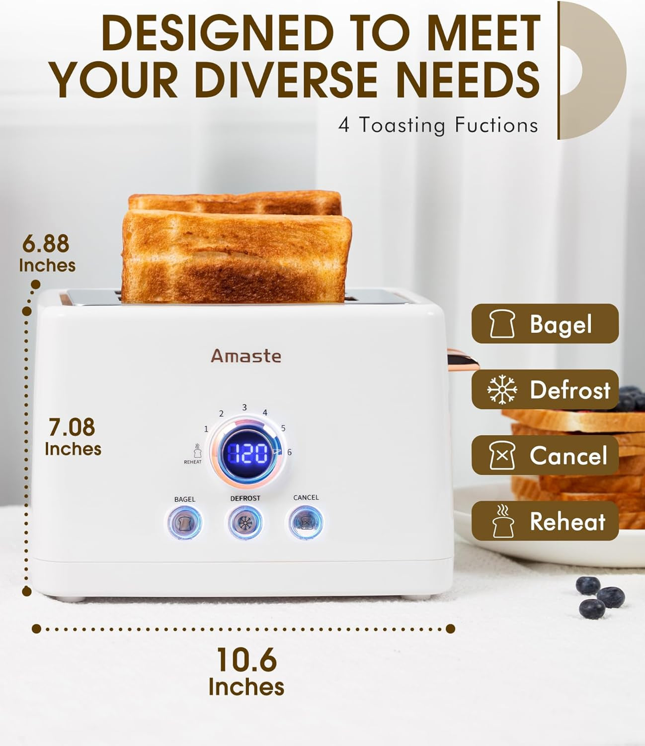 2 Slice Toaster, Retro Bread Toaster with LED Digital Countdown Timer, Extra Wide Slots Toasters with 6 Shade Settings, Bagel, Cancel, Defrost Function, High Lift Lever, Removal Crumb Tray, White