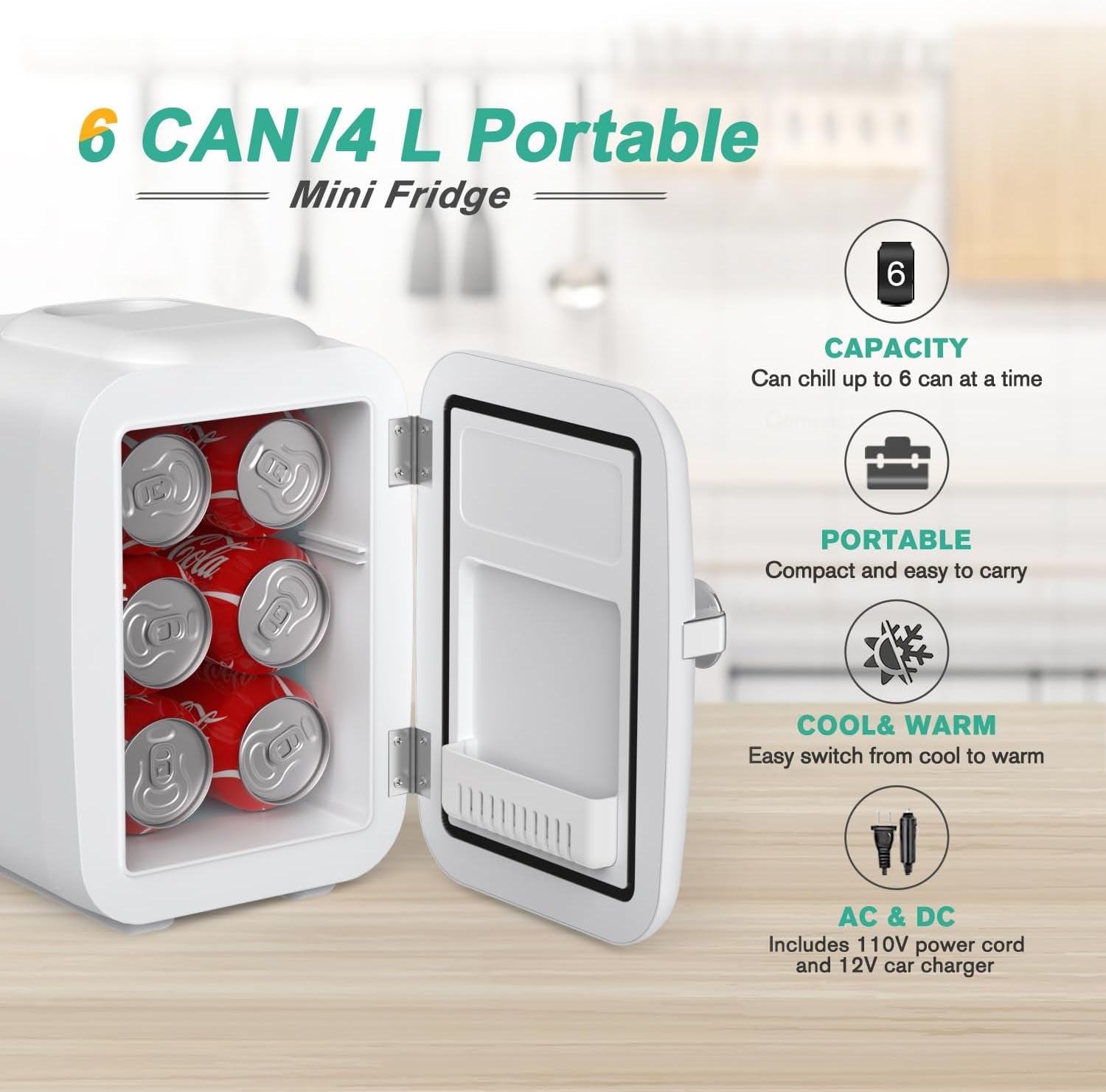 CROWNFUL Mini Fridge 4 Liter 6 Can Portable Cooler and Warmer Fridge for Skin Care & Cosmetics (White)