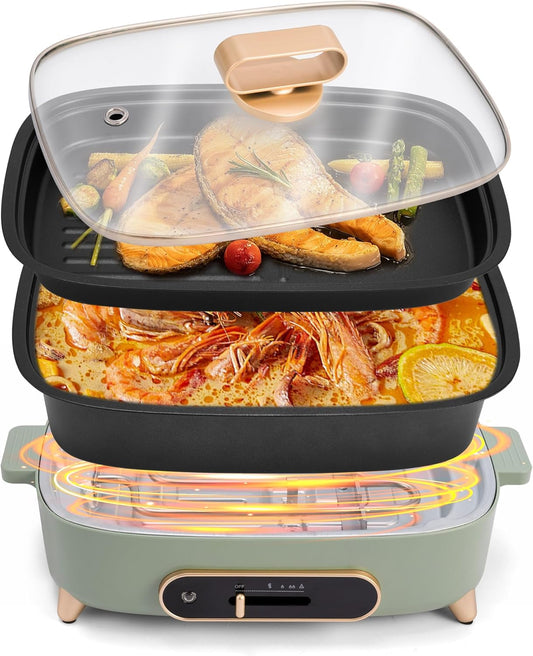 2 in 1 Electric Hotpot with Removable Grill Pan, Non-Stick Skillet & 4L Shabu Shabu Pot,1200W with Slide Power Control for Frying,Grilling,Outdoor Camping BBQ, Family & Friend Gathering Party