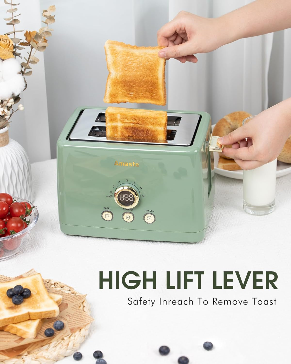 2 Slice Toaster, Retro Bread Toaster with LED Digital Countdown Timer, Extra Wide Slots Toasters with 6 Bread Shade Settings, Bagel, Cancel, Defrost Function, High Lift Lever, Removal Crumb Tray