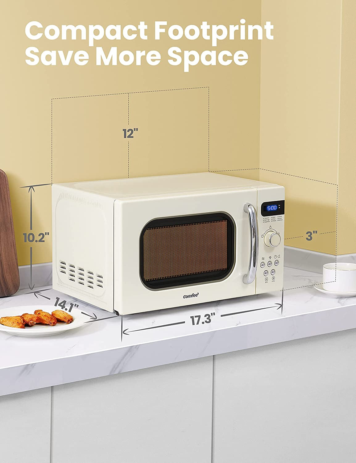 COMFEE' Retro Small Microwave Oven with Compact Size, 9 Preset Menus, Position-Memory Turntable, Mute Function, Countertop Perfect for Spaces, 0.7 Cu Ft/700W, Cream, AM720C2RA-A