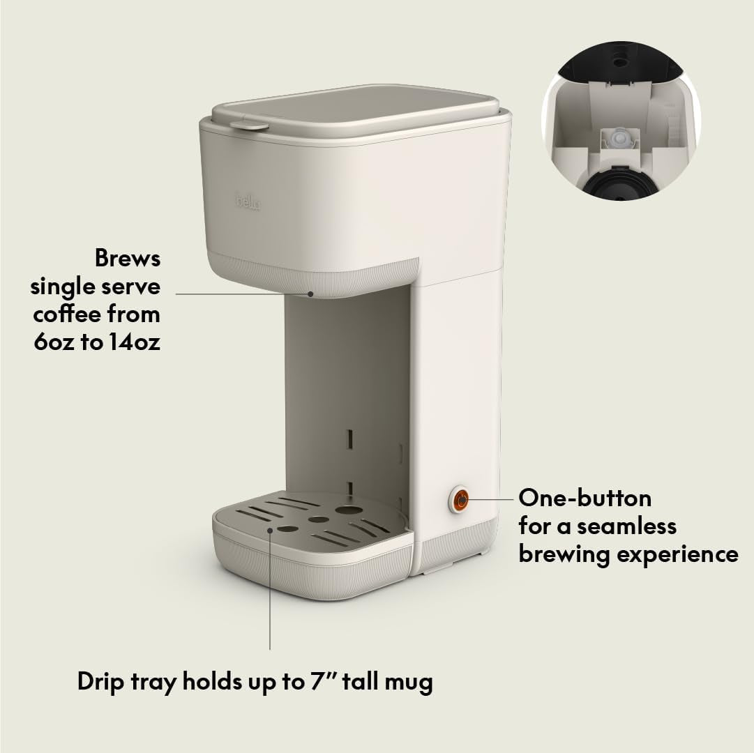 BELLA Single Serve Coffee Maker, K Cup & Coffee Ground Compatible with Removable, Adjustable Drip Tray, Auto Shutoff & Reusable Dishwasher Safe Accessories, Brews 6Oz to 14Oz, 1000 Watt, Oatmilk