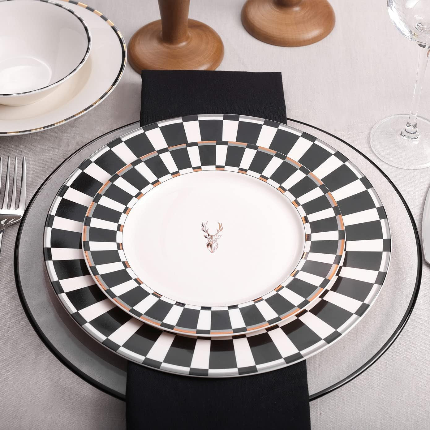 Karaca Aries Black 24 Piece Dinner Set for 6 People, Stylish, Elegant, Black White Borders, Gold and Silver Accents, Dinner Set Porcelain