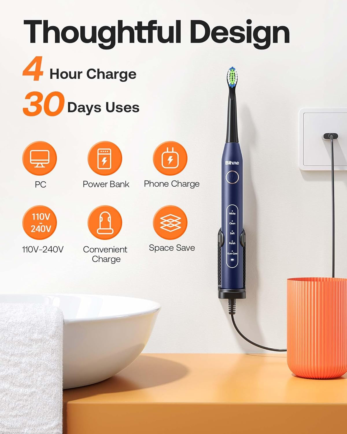 Bitvae Electric Toothbrush Rechargeable Power 8 Heads Midnight Blue