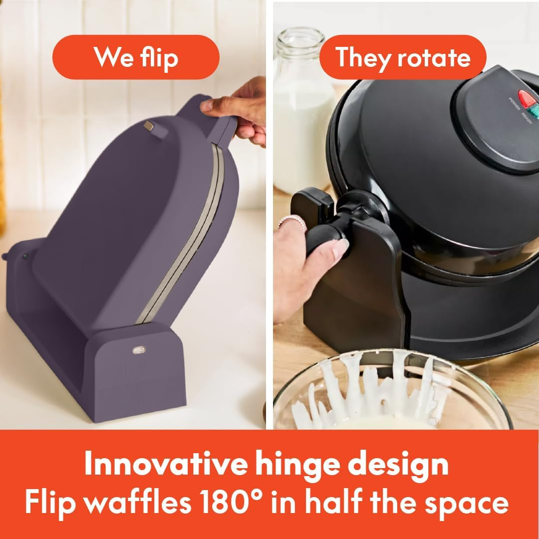 Bella Flip-N-Store Waffle Maker with Evergood Ceramic Nonstick Coating, Fits-Anywhere Kitchenware, Power Indicator Light, Cool Touch Handle & Cord Wrap, 7” Wide & 1" Deep Plates, 1000 Watt, Plum