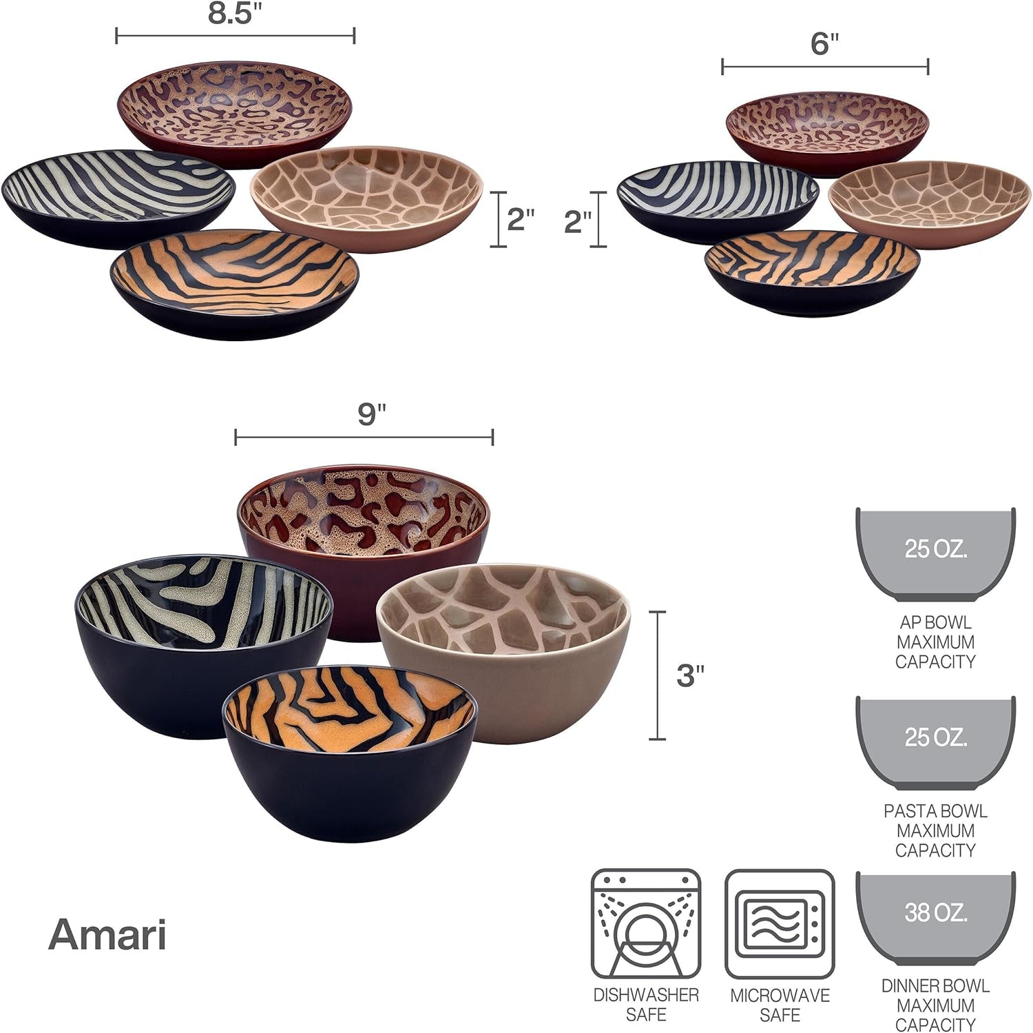 Mikasa Amari Animal Print Safari 12 Piece Dinnerware Bowl Set, Service for 4