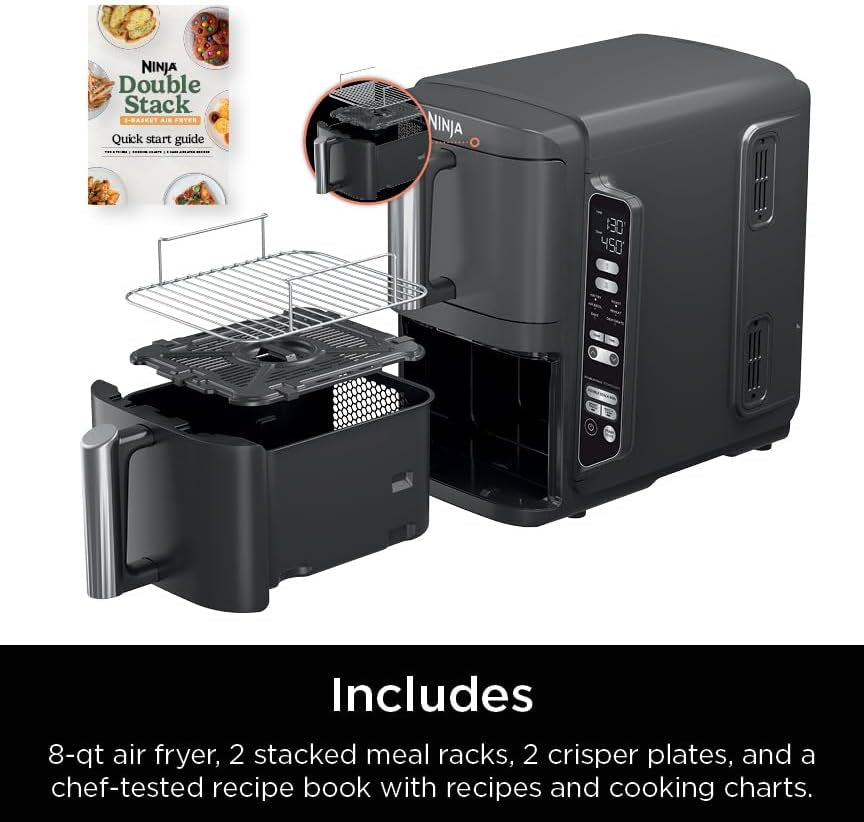 Ninja Doublestack 2-Basket Air Fryer, Doublestack Technology Cooks 4 Foods at Once, Space Saving Design, 8 QT, 6-In-1, Smart Finish & Match Cook, Air Fry, Broil, Bake, Easy Meals & Clean, Black, SL201