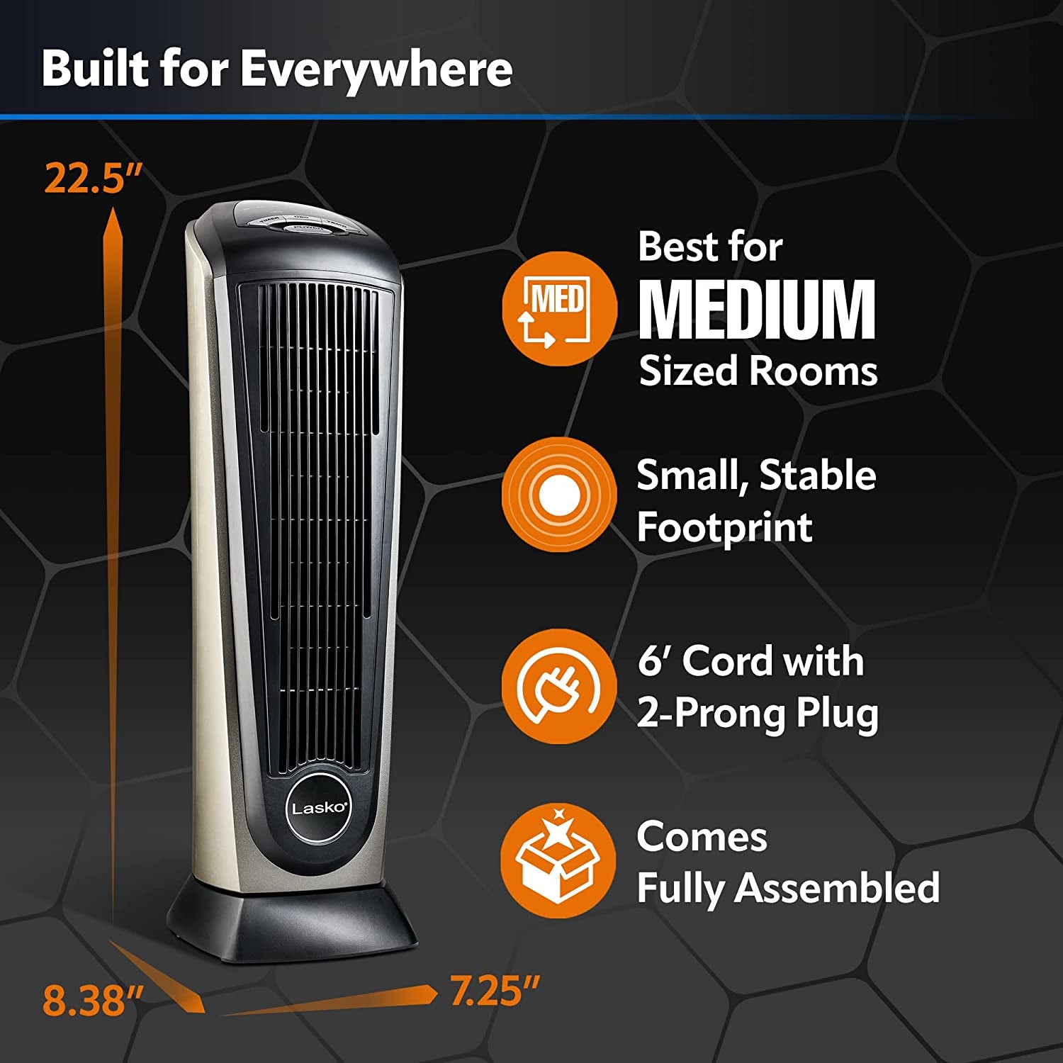 Lasko Oscillating Ceramic Tower Space Heater for Home with Adjustable Thermostat, Timer and Remote Control, 22.5 Inches, Grey/Black, 1500W, 751320