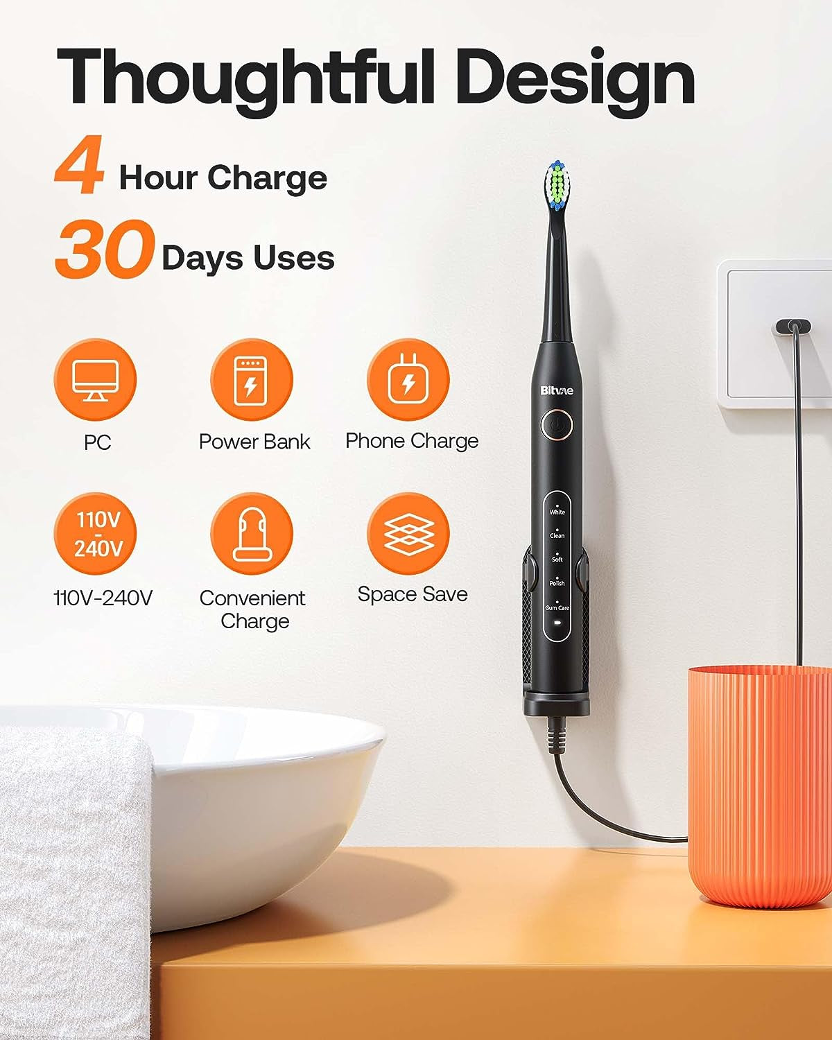 Bitvae Electric Toothbrush with 8 Brush Heads & 5 Modes Smart Timer Black