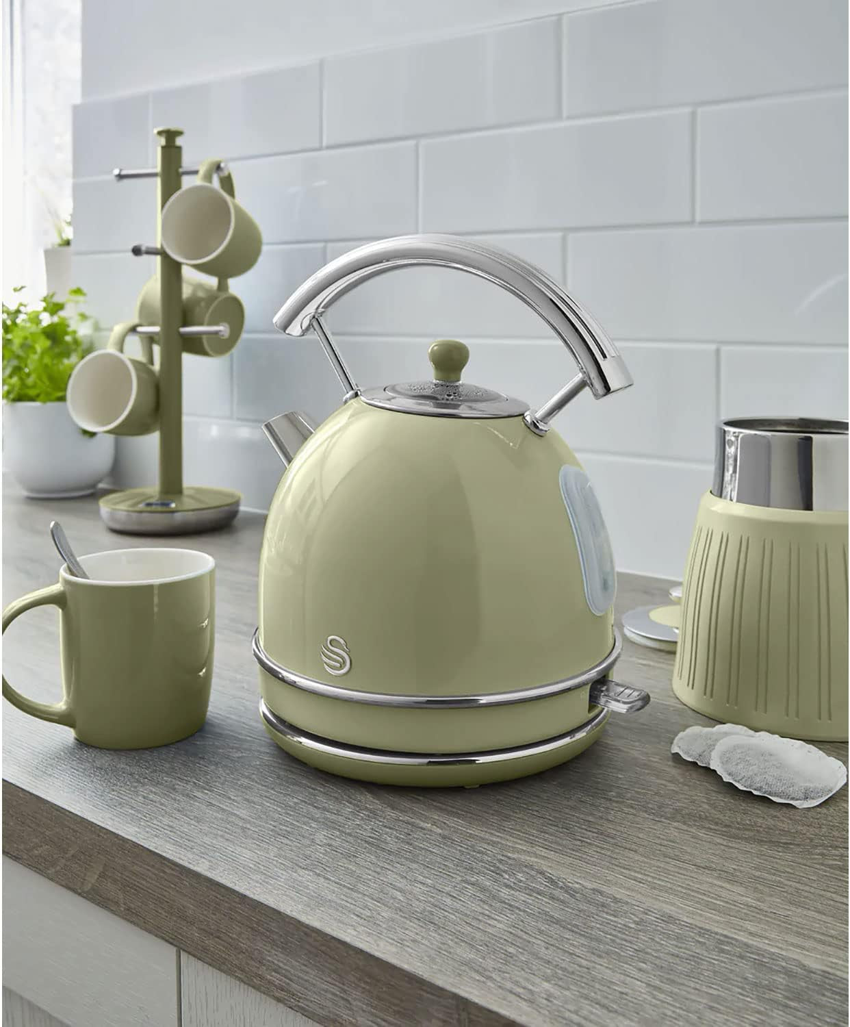 Swan Retro Breakfast Set Stainless Steel Kettle 1.8L & 2-Slice Toaster 6 Level Browning Control Green Color