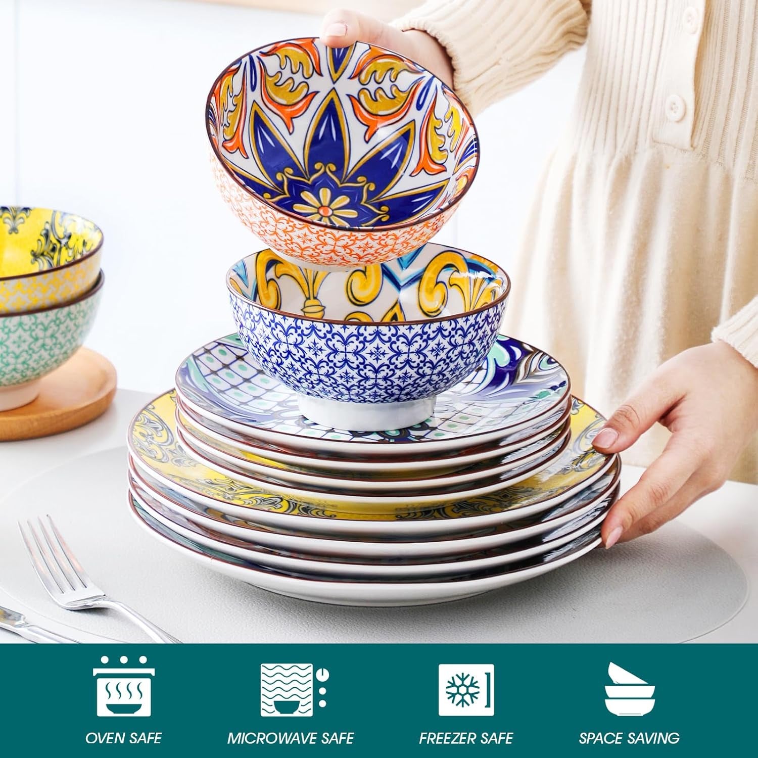 Vancasso Plates and Bowls Sets for 4, 12 Pieces Porcelain Dinnerware Sets Dishware Sets Chip Resistant Ceramic Dish Set Dining Dinner Ware Service, Series Jasmin, Hand-Painted Arabic Style