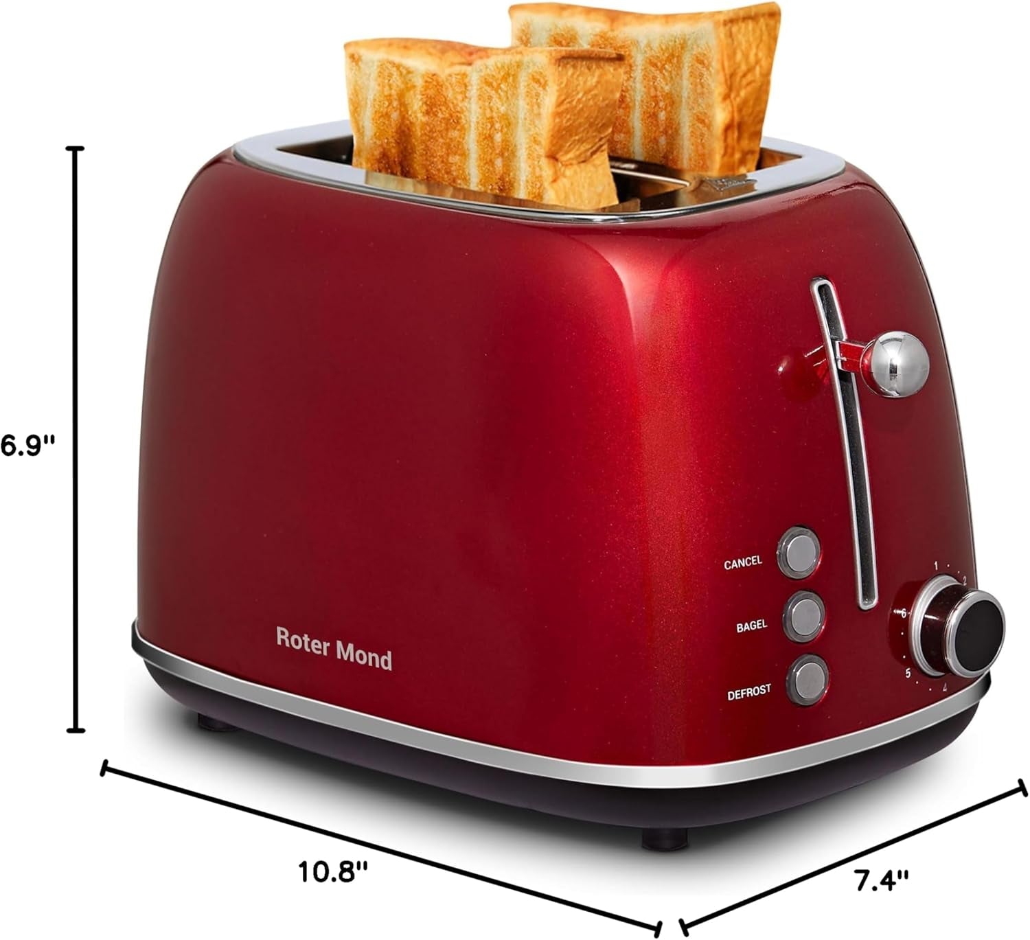 2 Slice Toaster Roter Mond Retro Stainless Steel Toaster with Bagel, Cancel, Defrost Function and 6 Bread Shade Settings Bread Toaster, Extra Wide Slot and Removable Crumb Tray, Red