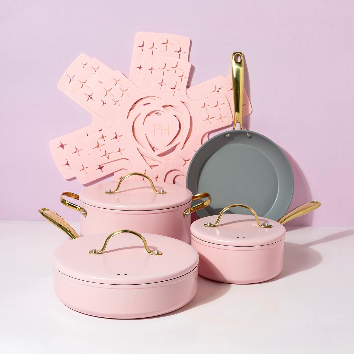 Paris Hilton Iconic Nonstick Pots and Pans Set, Multi-Layer Nonstick Coating, Matching Lids with Gold Handles, Made without PFOA, Dishwasher Safe Cookware Set, 10-Piece, Pink