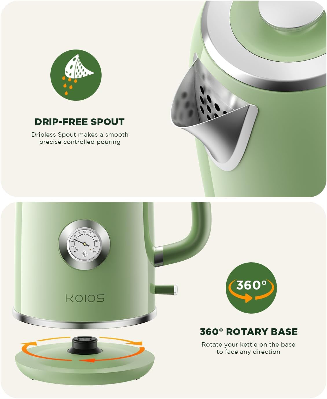 Electric Kettle, 1.8 L Hot Water Boiler Heater with Thermometer, 1500W Retro Electric Tea and Water Kettle with LED Indicator, 100% Stainless Steel, Auto Shut-Off & Boil-Dry Protection, Retro Green