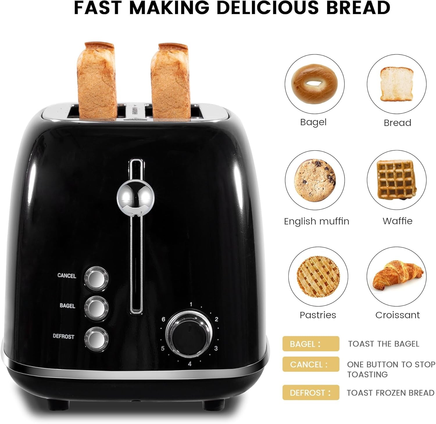 2 Slice Toaster Roter Mond Retro Stainless Steel Toaster with Bagel, Cancel, Defrost Function and 6 Bread Shade Settings Bread Toaster, Extra Wide Slot and Removable Crumb Tray, Black