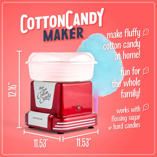 Nostalgia Cotton Candy Machine - Retro Cotton Candy Machine for Kids with 2 Reusable Cones, 1 Sugar Scoop, and 1 Extractor Head – Red