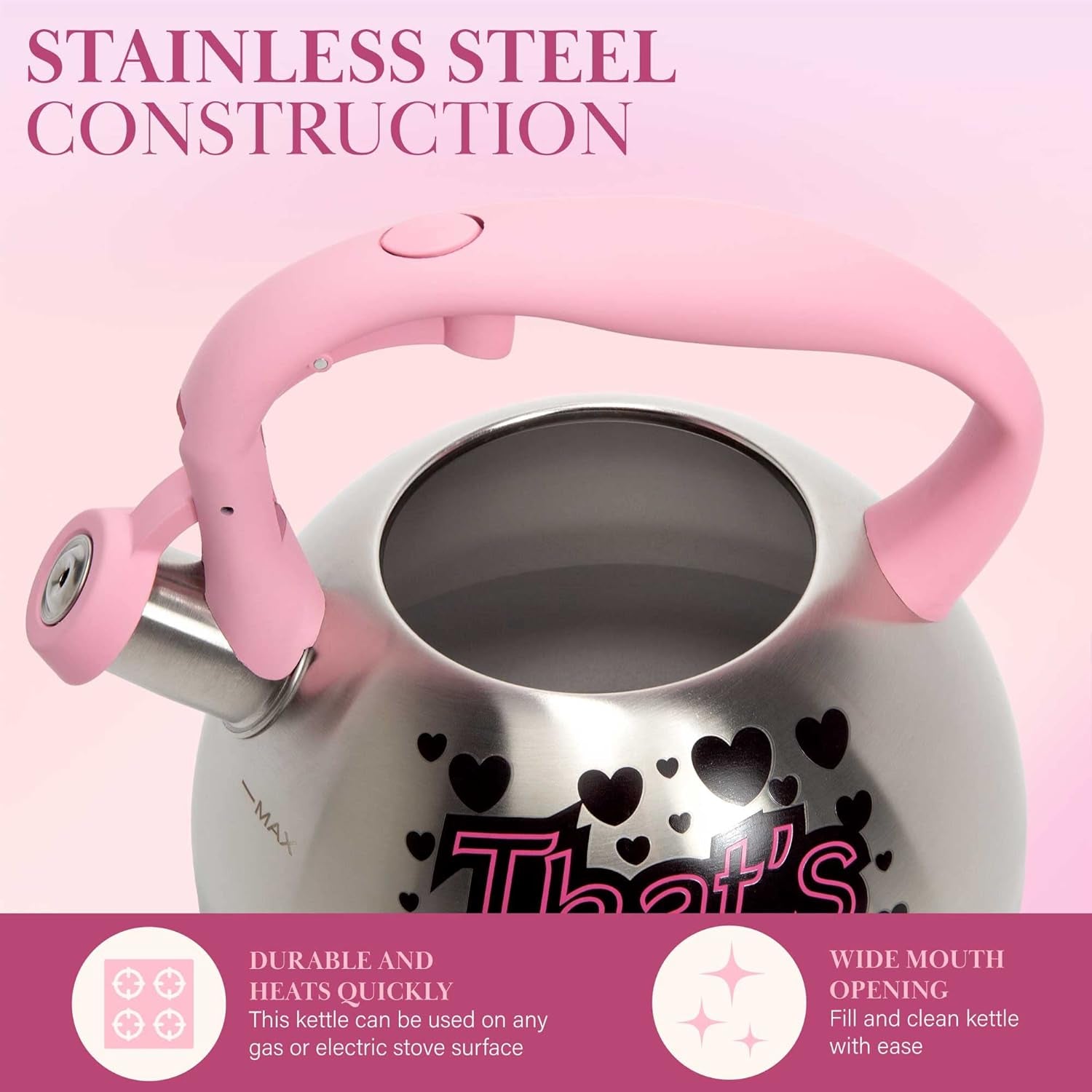 Paris Hilton Whistling Stovetop Tea Kettle, Stainless Steel with Color Changing "That'S Hot" Heat Indicator Design, Soft Touch Handle, 2.5-Quart, Pink