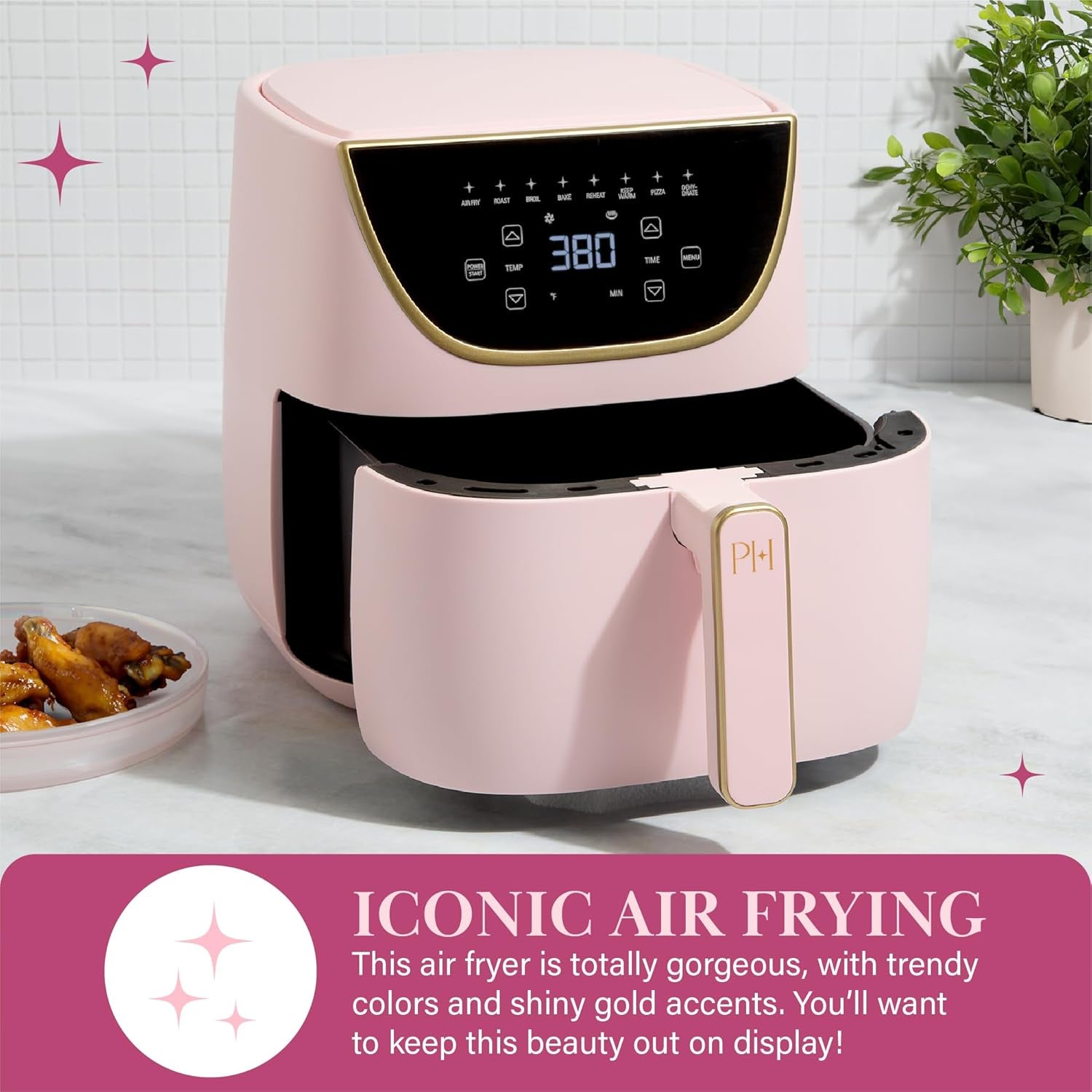 Paris Hilton Air Fryer, Large 6-Quart Capacity, Touchscreen Display, 8-In-1 (Air Fry, Roast, Broil, Bake, Reheat, Keep Warm, Pizza, Dehydrate), Dishwasher Safe and Nonstick Basket and Crisper, Pink