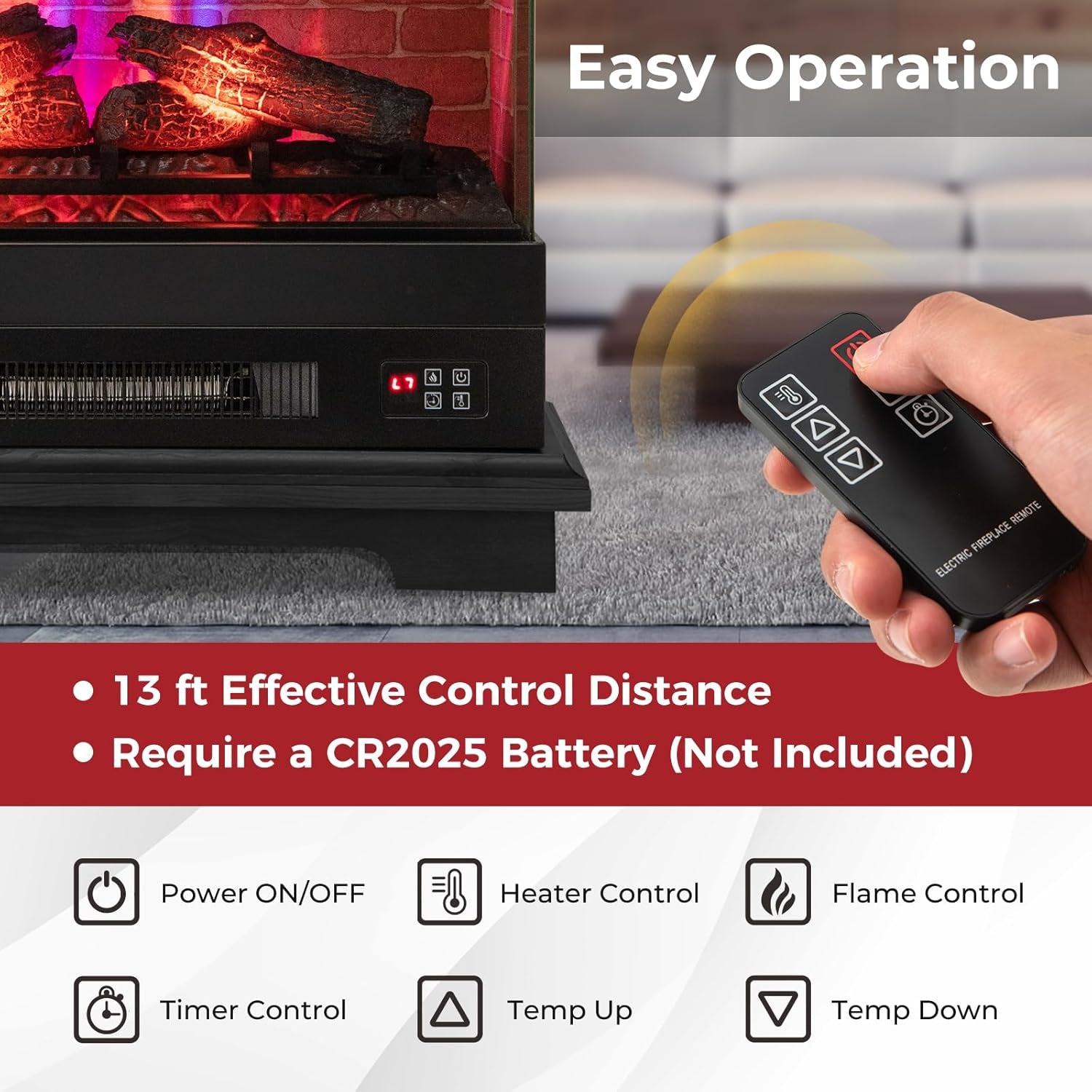 SIMOE Electric Fireplace 3D Flame & 7 Flame Colors Overheat Protection & Remote Control & Timer