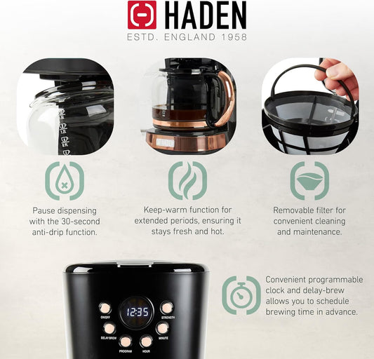 Haden Coffee Machine, 12 Cup Programmable Drip Coffee Maker with Auto Shut-Off Function and Reusable Washable Water Filter, Black & Copper