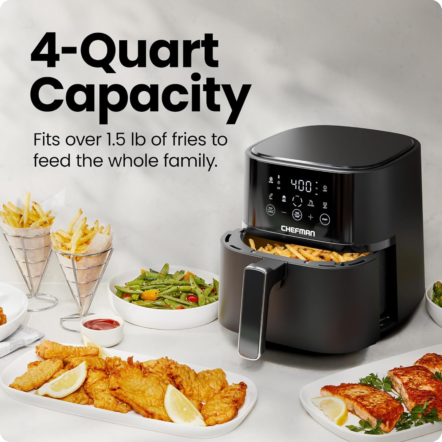 Chefman Air Fryer – 4 QT Compact Airfryer for Quick & Easy Meals in Minutes, Features Hi-Fry Technology for Extra Crisp, Touchscreen Controls with 4 Presets, Nonstick & Dishwasher Safe Basket - Black