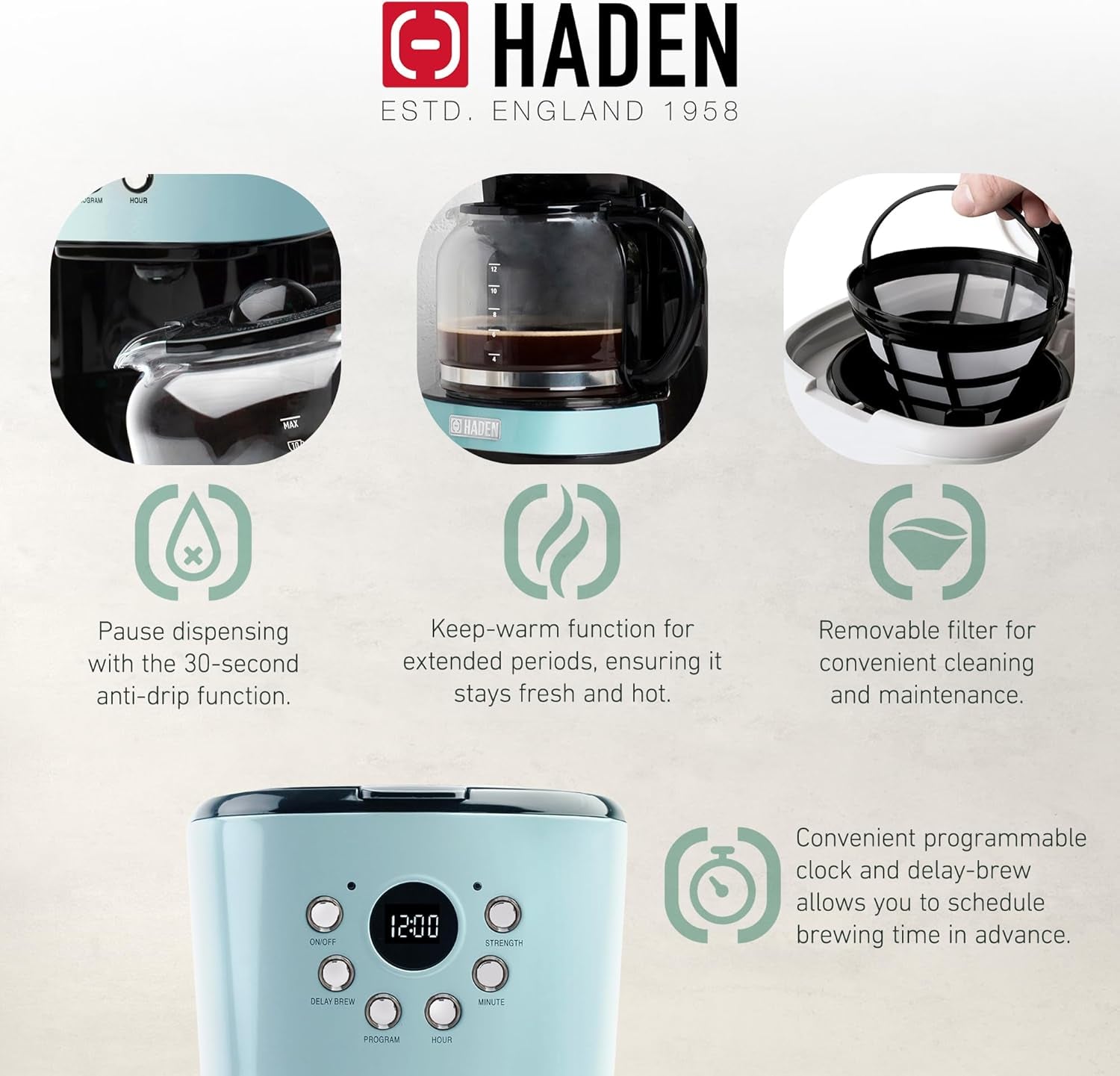 Haden Coffee Machine, 12 Cup Programmable Drip Coffee Maker with Auto Shut-Off Function and Reusable Washable Water Filter, Turquoise & Chrome