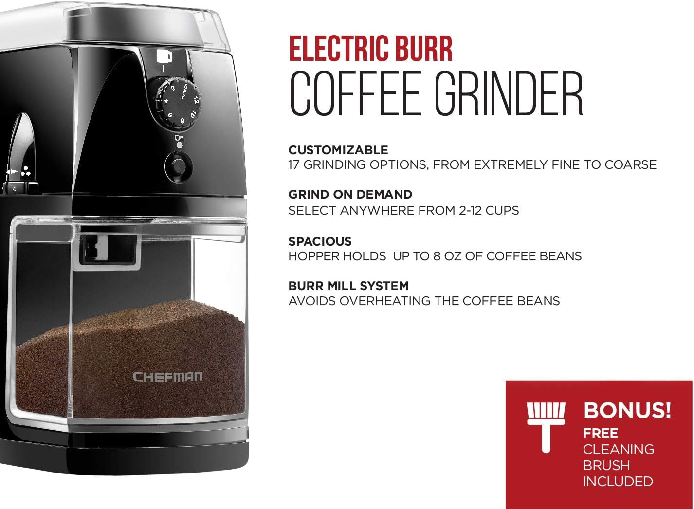 Chefman Coffee Grinder Electric Burr Mill - Freshly Grinds up to 2.8Oz Beans, Large Hopper with 17 Grinding Options for 2-12 Cups, Easy One Touch Operation, Cleaning Brush Included, Black