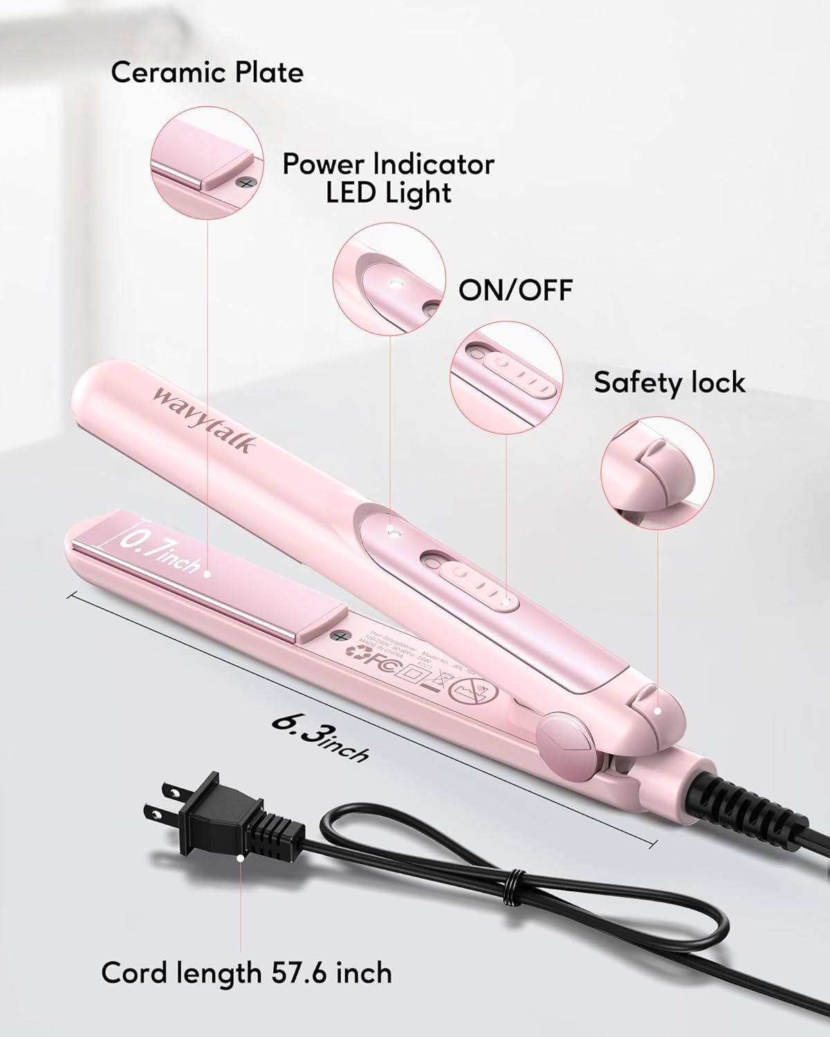 Wavytalk Ceramic Mini Hair Straightener - Curls Bangs - Dual Voltage Pink