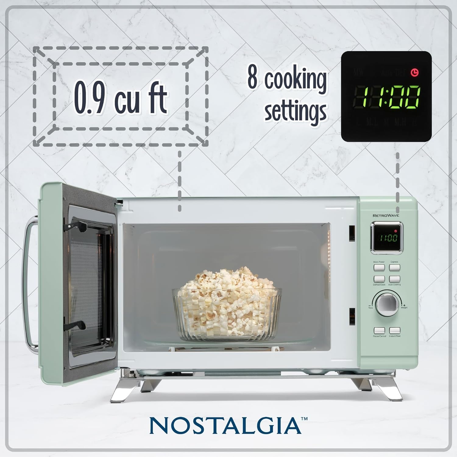 Nostalgia Mid-Century Retro Countertop Microwave Oven - Large 900-Watt - 0.9 Cu Ft - 8 Pre-Programmed Cooking Settings - Digital Clock - Kitchen Appliances - Seafoam Green