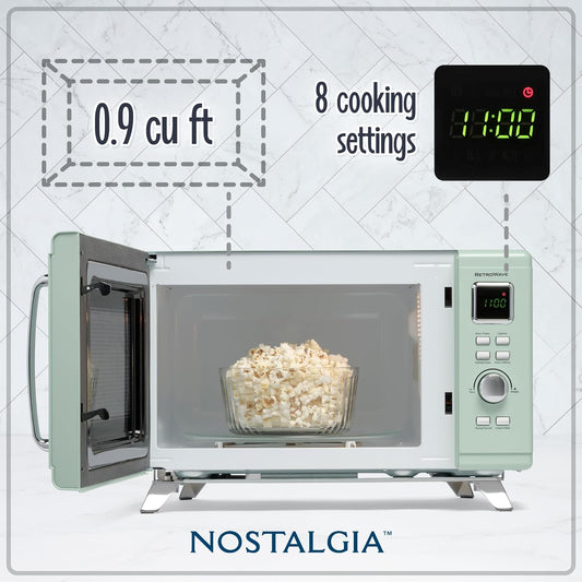 Nostalgia Mid-Century Retro Countertop Microwave Oven - Large 900-Watt - 0.9 Cu Ft - 8 Pre-Programmed Cooking Settings - Digital Clock - Kitchen Appliances - Seafoam Green